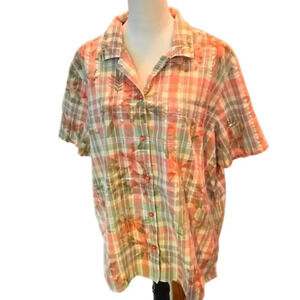 Alfred Dunner Summer Plaid Button Down Top Coral, Green and White Women size 22W